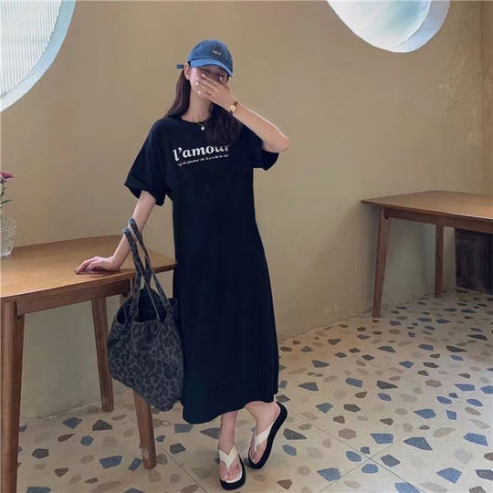 Summer large size short sleeve casual loose dress women 200kg fat mm printed foreign style Joker knee lazy skirt