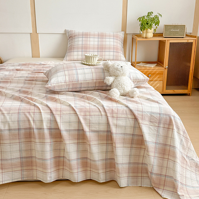 Sábana de algodón lavado de algodón de una sola pieza de algodón 100 dormitorio de estudiantes edredón de celosía individual funda de almohada de tres piezas 3