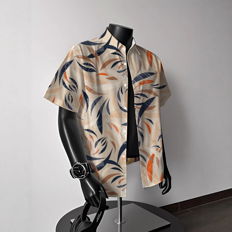 American Retro Aloha Floral Hong Kong Style Handsome Loose Hawaiian Seaside Beach Casual Short-Sleeved Shirt Men's Trendy