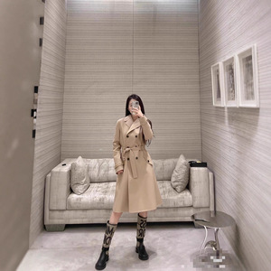 深圳南油巴专柜同款长袖卡其色斜纹棉双排扣西装领腰带中长风衣外