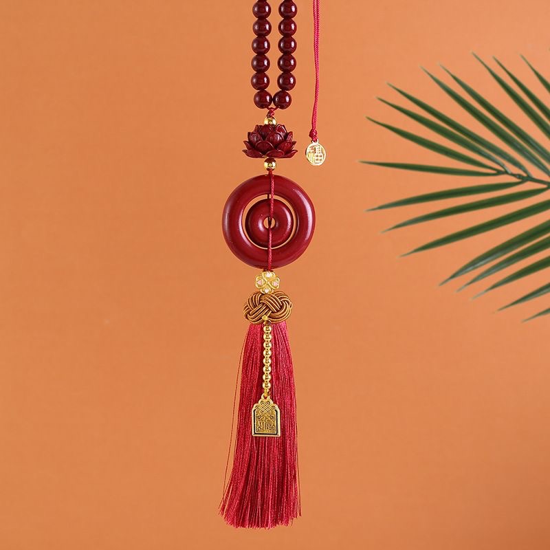 New Beaded Cinnabar Safety Car Pendant Safety Buckle Car Hanging Ornament Rearview Mirror Lotus Pendant Tassel Decoration