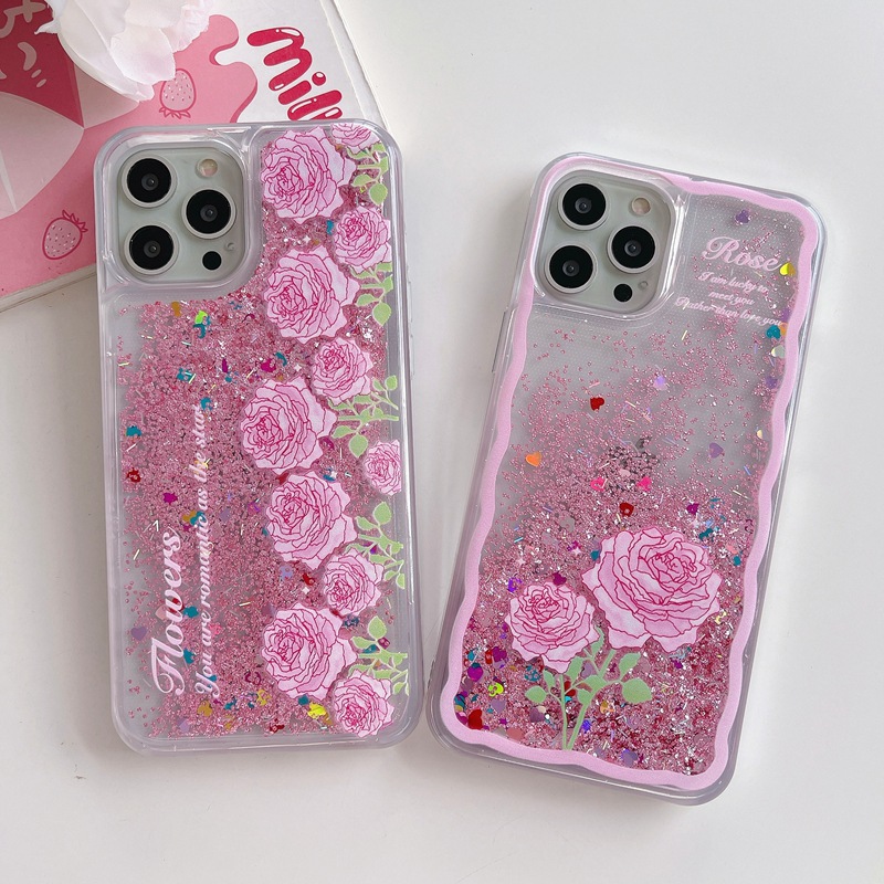 Suitable for iPhone 15 ProMax phone Apple 14 wave border, flower glitter powder, quicksand case, domestically produced X_voghion.com