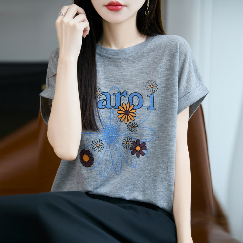 2025新款圆领小衫短袖t恤女竹节麻小雏菊短袖夏季宽松套头衫|undefined