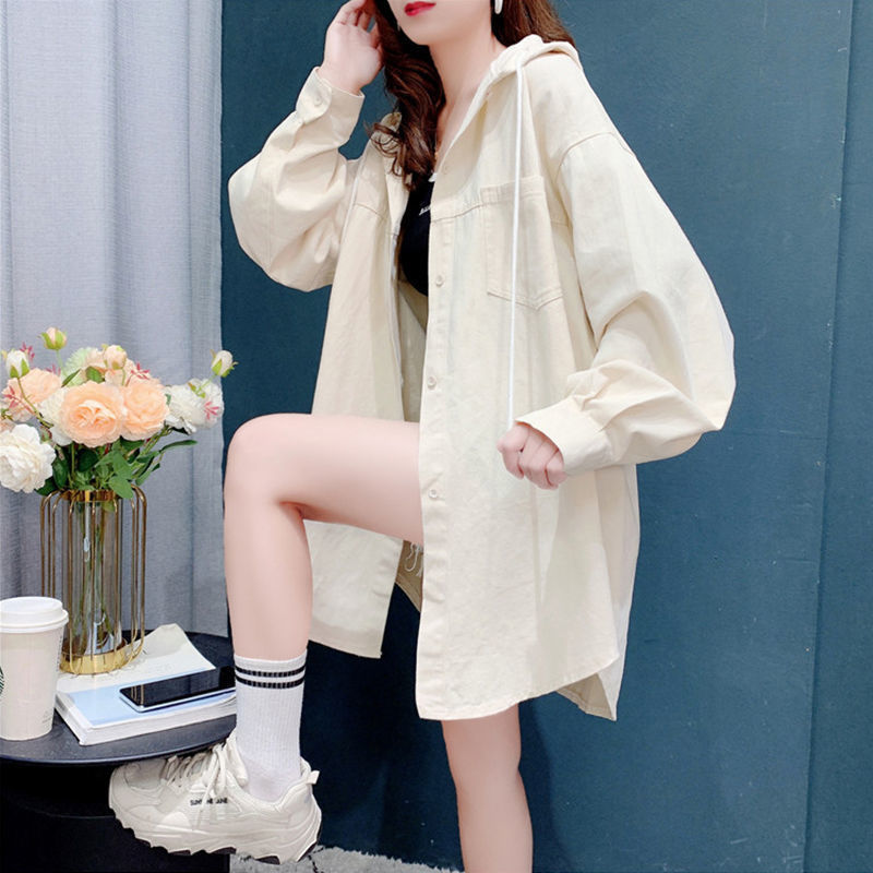 Mid length version cowboy Hooded shirt coat spring and autumn 2022 new pattern Lazy Sense of design A small minority Large Cardigan