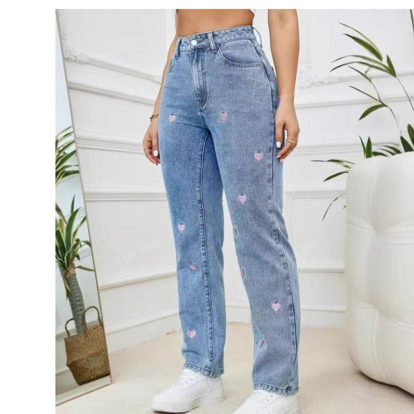 Jeans Rectos para Mujer en Mezclilla de Algodón, Elástico, Cintura Alta, Bordado, para Uso Casual image 5
