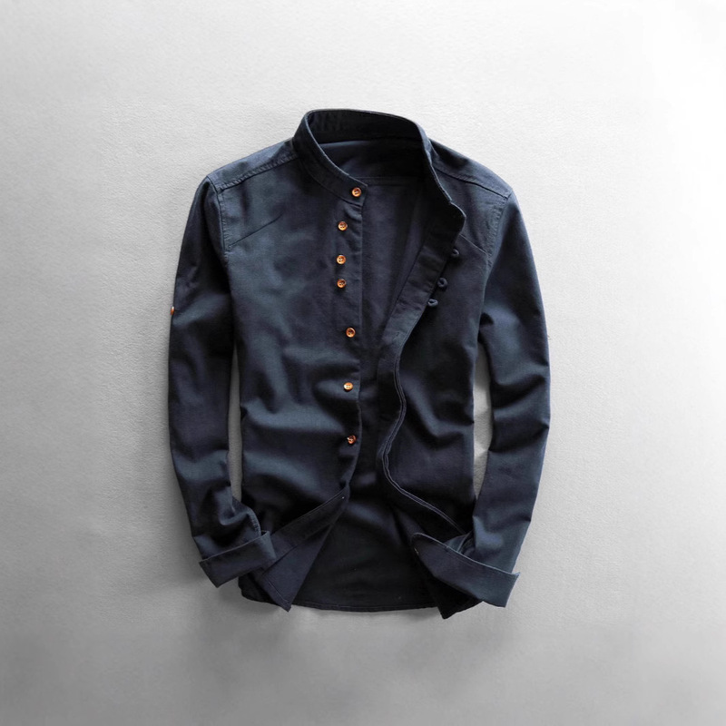 Amazon Cross-border European and American Spring and Autumn New Men's Chinese Style Long Sleeve Button Collar Shirt Solid Color Casual Shirt Amazon Cross-border European and American Spring and Autumn New Men's Chinese Style Long Sleeve Button Collar Shirt Solid Color Casual Shirt
