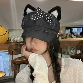 韩国2024年新款耳朵灯芯绒牛仔八角帽子女蝴蝶结大头围鸭舌帽猫耳