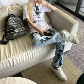 2026新款潮牌美式复古贴皮十字架宽松直筒牛仔长裤男女同款长裤潮