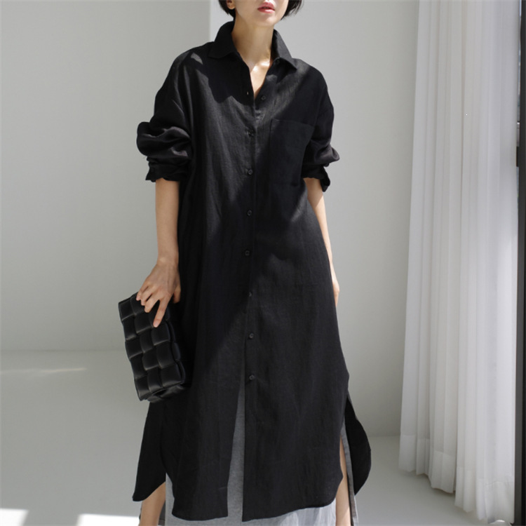 Korean chic shirt dress, knee-length, long, with a slit, boyfriend style cotton-linen shirt dress with pockets on both sides Korean chic shirt dress, knee-length, long, with a slit, boyfriend style cotton-linen shirt dress with pockets on both sides