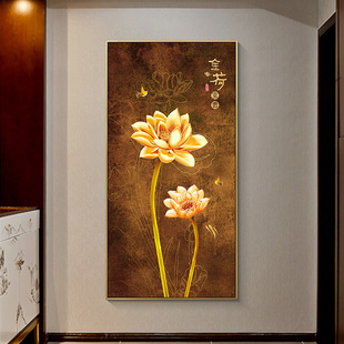 新中式金色荷花玄关装饰画花开富贵莲花竖版客厅挂画走廊过道壁画-阿里巴巴