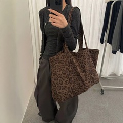 韩国店主自留推荐高质感麂皮豹纹托特包韩国秋冬加厚大容量包袋女