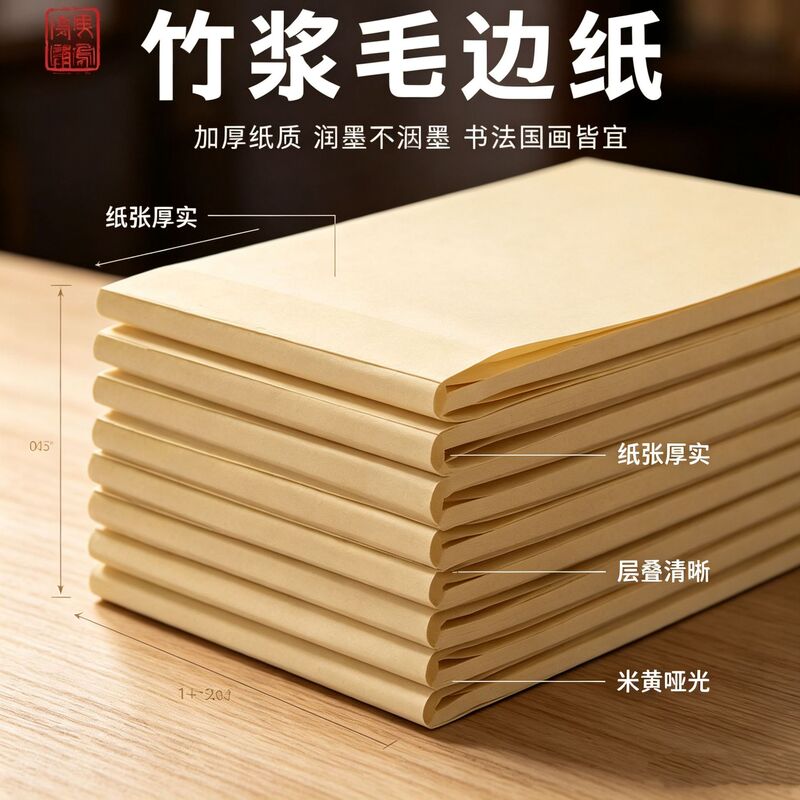 Raw edge calligraphy practice paper, antique-style, handmade, unlined, suitable for beginners, Yuan-style paper, made from bamboo pulp, semi-raw, wholesale Raw edge calligraphy practice paper, antique-style, handmade, unlined, suitable for beginners, Yuan-style paper, made from bamboo pulp, semi-raw, wholesale