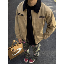 卡其色短款外套男秋季美式复古底特律工装夹克cleanfit潮牌棒球服