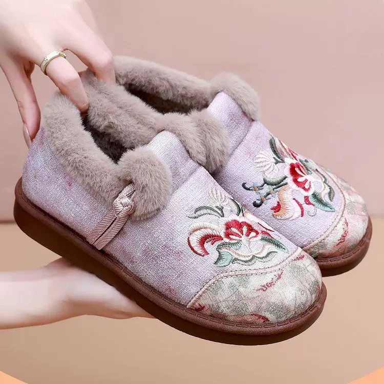 冬季复古民族风绣花棉鞋女老北京布鞋一脚蹬加绒加厚保暖中式妈妈