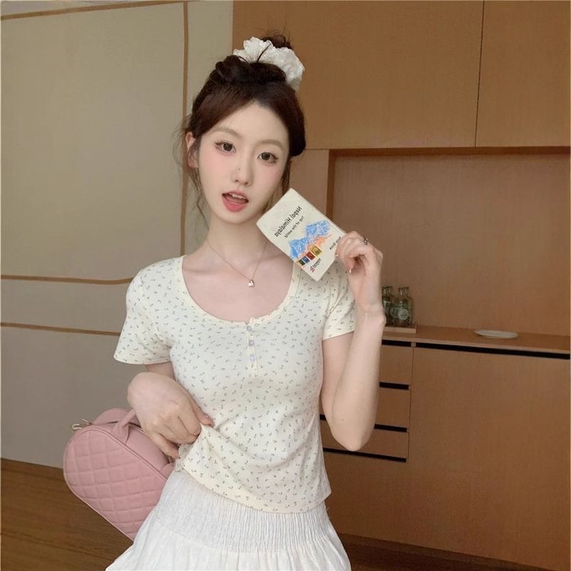 [E-Commerce Hot Item] Floral Girl Right Shoulder Women's T-Shirt Short-Sleeved Summer Hot Style Slim Short Inner Top