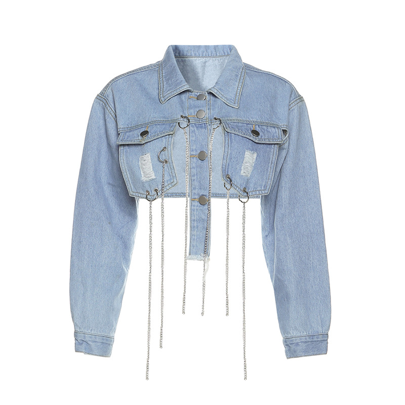 Sexy Hollow Single-Breasted Chain Slim Denim Jacket NSDLS92629