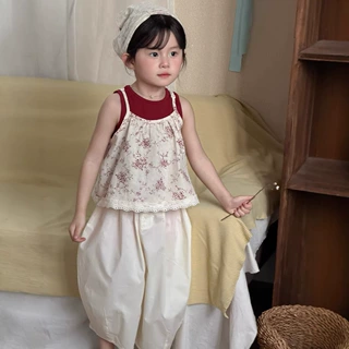 麦田季韩版女童碎花吊带无袖背心两件套儿童夏季新款花边吊带上衣