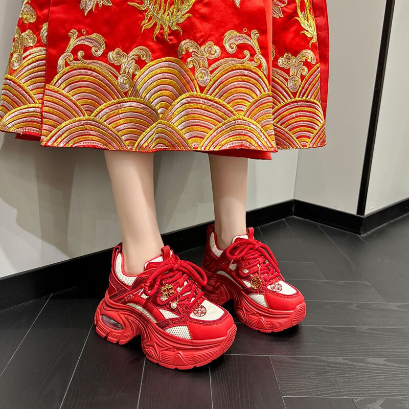 Xiuhe Wedding Shoes for Women 2026 New Model Red High-Heeled Gift Dad Shoes for Women Height-Increasing Thick-Soled Sports Bridesmaid Bride Shoes