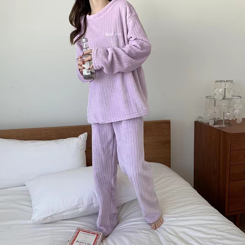 630g Weight Long Sleeve Sleeve Length Pajamas Lingerie Type Pullovers Placket Type Polyester Fabric Type Long Top Length Pants Sets Sets Type 2 Pieces Set Quantity Home Occasion Round Neck Neckline Warm Function Loose Fit Type Stripe, Solid Color Pattern Winter, Autumn Season Women's Gender Casual, Simple Style Style Autumn And Winter New Crescent City Warm Suit Casual Homewear Internet Celebrity Coral Fleece Thick Thermal Pajamas 26