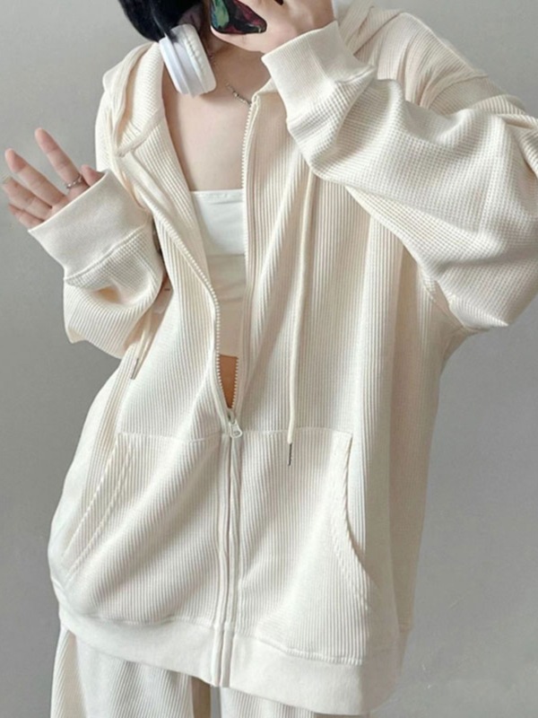华夫格连帽卫衣女秋oversize宽松薄款拉链开衫外套秋季加绒加厚|undefined