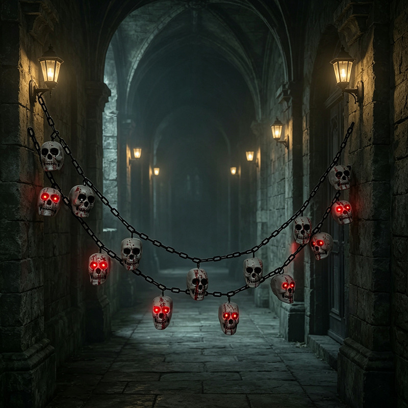Cross-border Halloween Chain Skull LED Light String Red-Eyed Glowing Chain Decorative Light Festival Decoration Prop 7 Lights