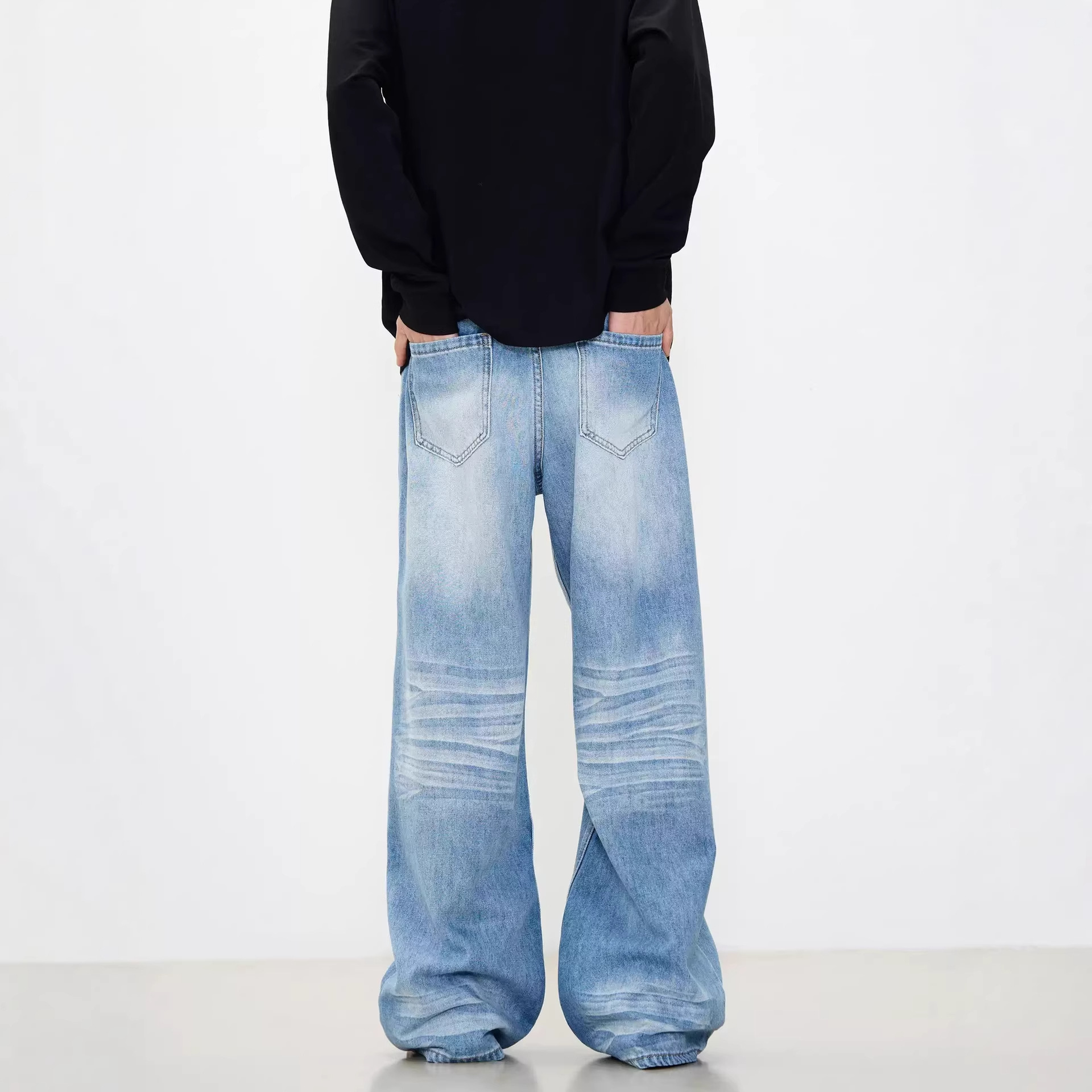 Men's Clothing Unisex American Style CleaAfit Distressed Denim Jeans Vintage Washed Floor Length Loose Straight Leg Wide Leg Trousers_mkmklike.com