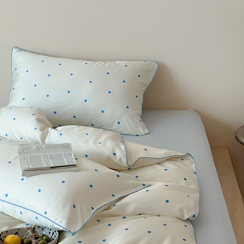 Minimalist Four-piece Tencel Sheet Set In Blue Polka Dot Pattern_voghion.com