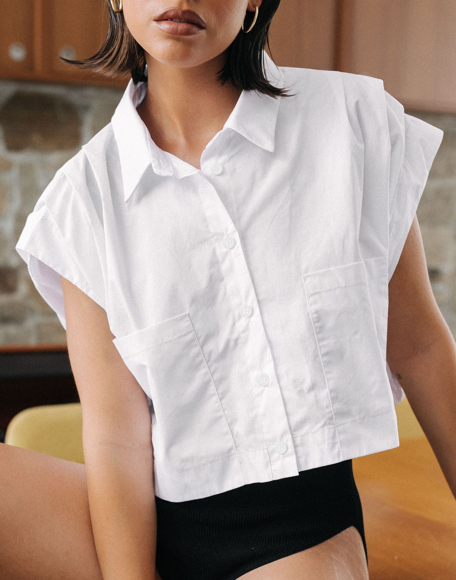 lapel sleeveless white cotton shirt  NSYSB45343