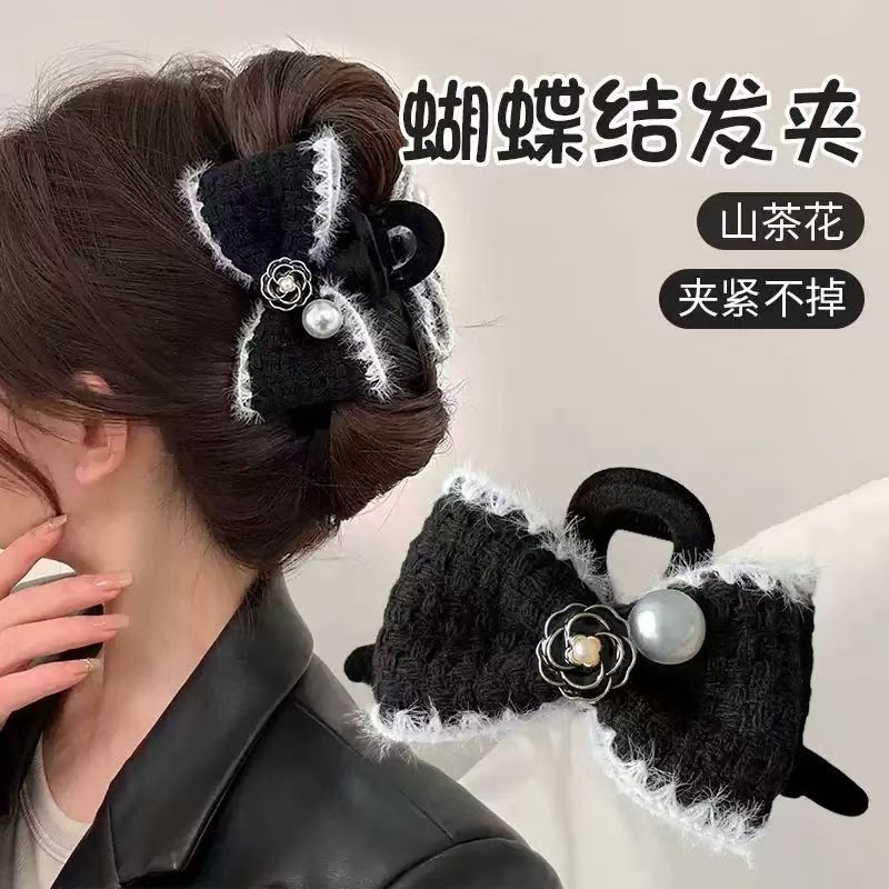 小香風蝶結びヘアクリップ女性秋冬後頭部ヘアクリップぬいぐるみサメクリップレトロ気質髪飾り|undefined