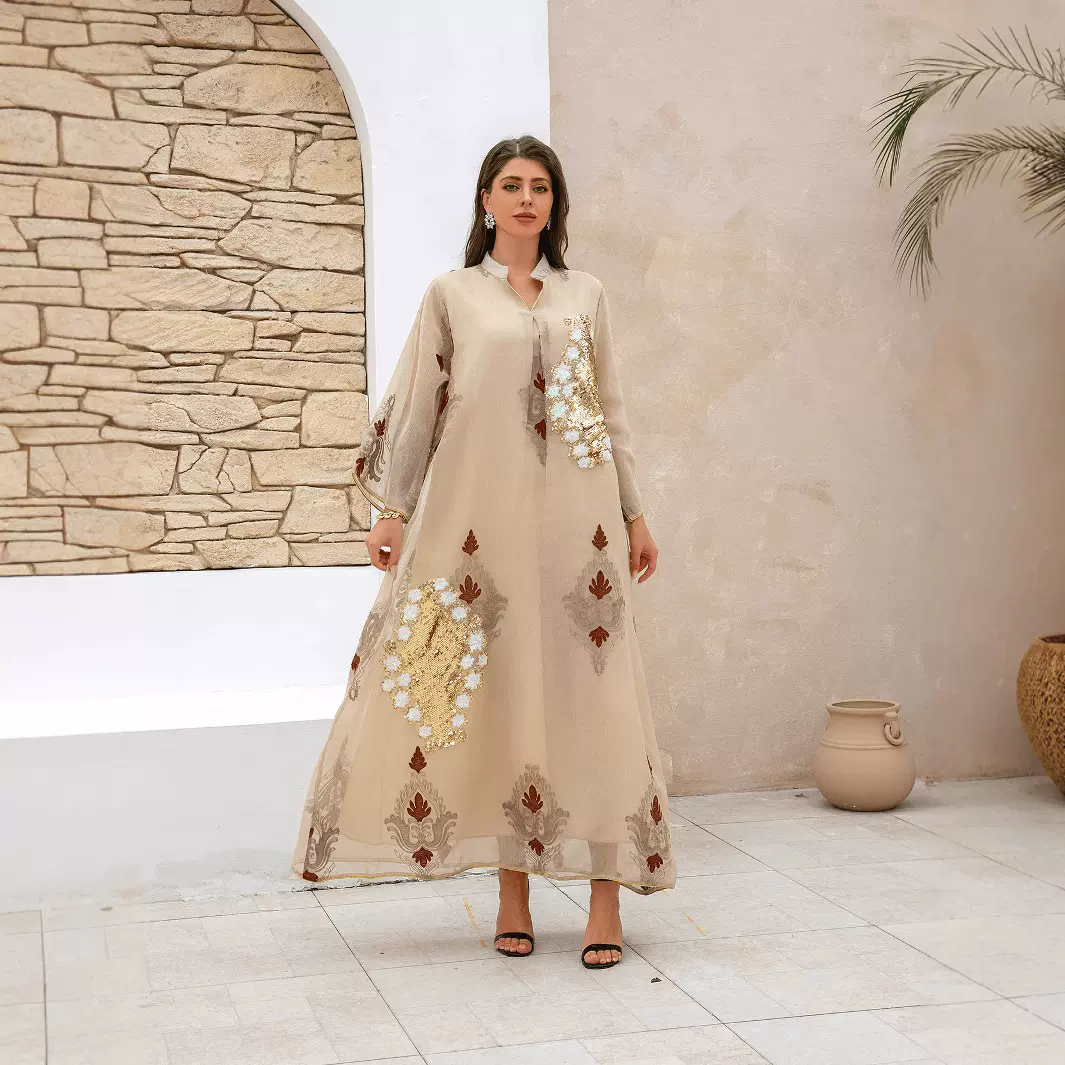 ZD044中东跨境电商爆款女士长袍穆斯林珠片绣花阿拉伯连衣裙Abaya