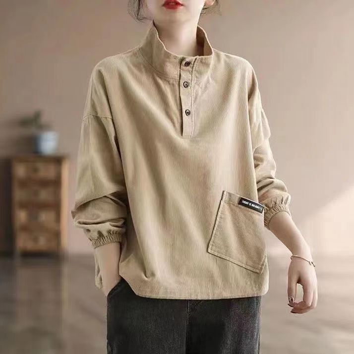 Corduroy Stand Collar Sweatshirt for Women Spring & Fall New Large Size Loose Slimming Look Button Design Pullover Top Jacket Trendy