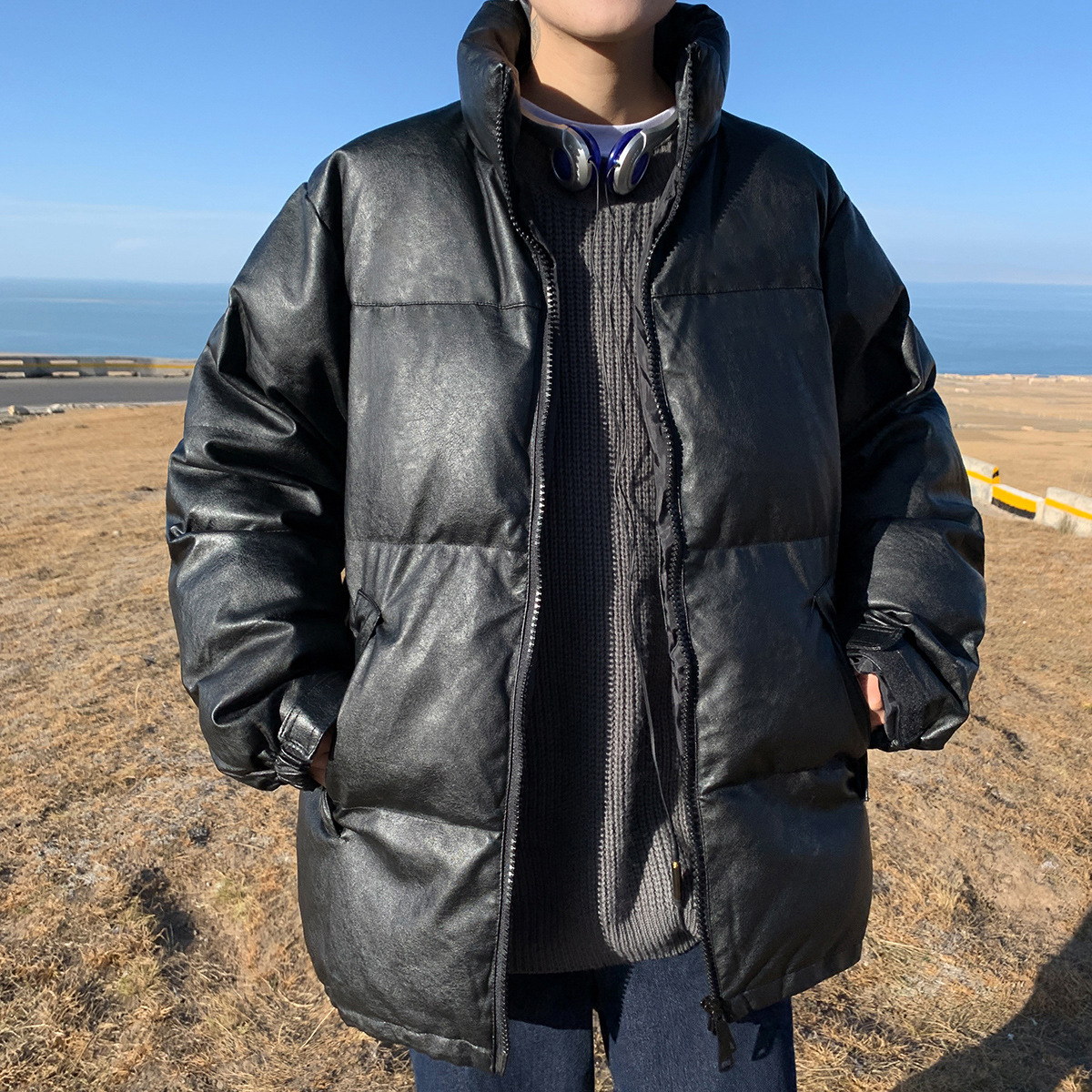 Cappotto in pelle PU di cotone alla moda in tinta unita da uomo, con colletto alto, invernale 2020_voghion.com