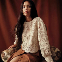 南油女装代发法式钩花镂空碎花钩编针织上衣宽松休闲泡泡袖衬衫女