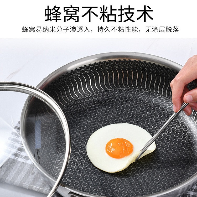 Sartén de Acero Inoxidable 316 de Selección Cuidadosa para Uso Doméstico, Sartén de Doble Cara con Fondo Plano de Panal y Tapa, Antiadherente para Freír Huevos, Transfronterizo.