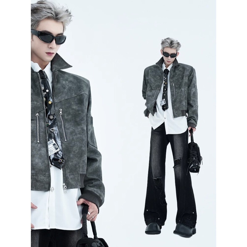 Pink vintage motorcycle suede men's Spring and Autumn New Boys' short brushed fashionable handsome jacket jacket