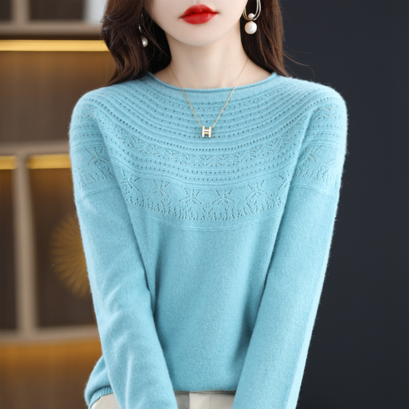 Seamless First-Line Garments 24 Years Autumn and Winter New Wool Sweater Women's Crewneck Hollow Knitted 100 Wool Base