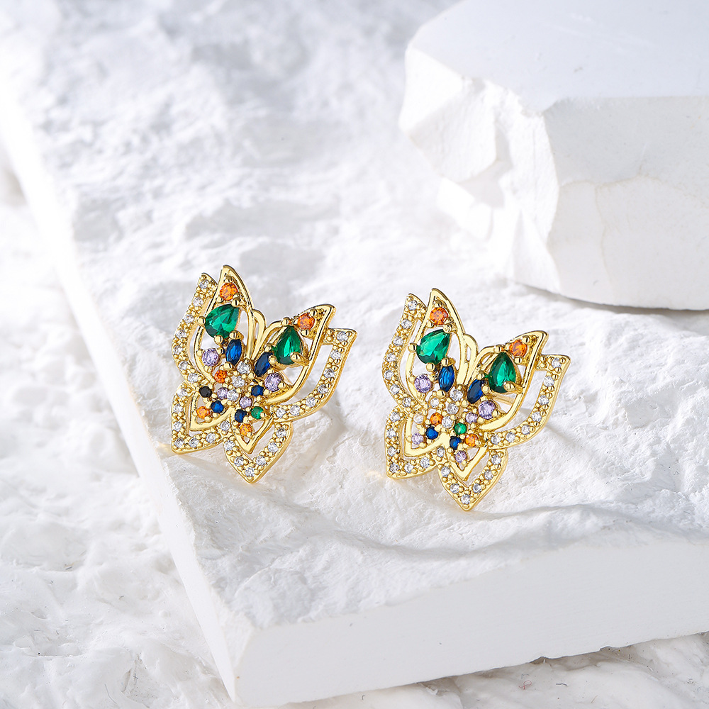 Fashion Butterfly Copper Plating Inlay Pearl Zircon Ear Studs 1 Pair