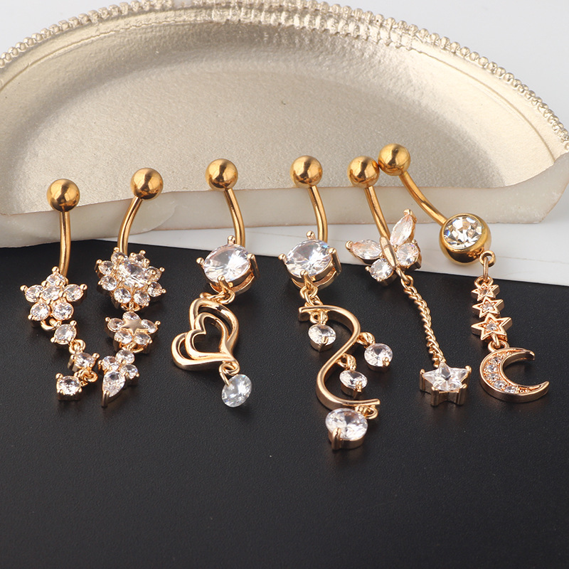 Rose Gold Zircon Belly Button Ring Set - 6 Piece Body Piercing Jewelry Suit detail image 9