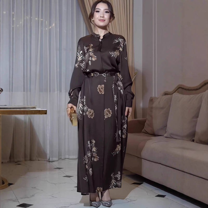 亚马逊2025欧美跨境秋季新款印花时尚收腰气质女装长袖连衣裙|undefined