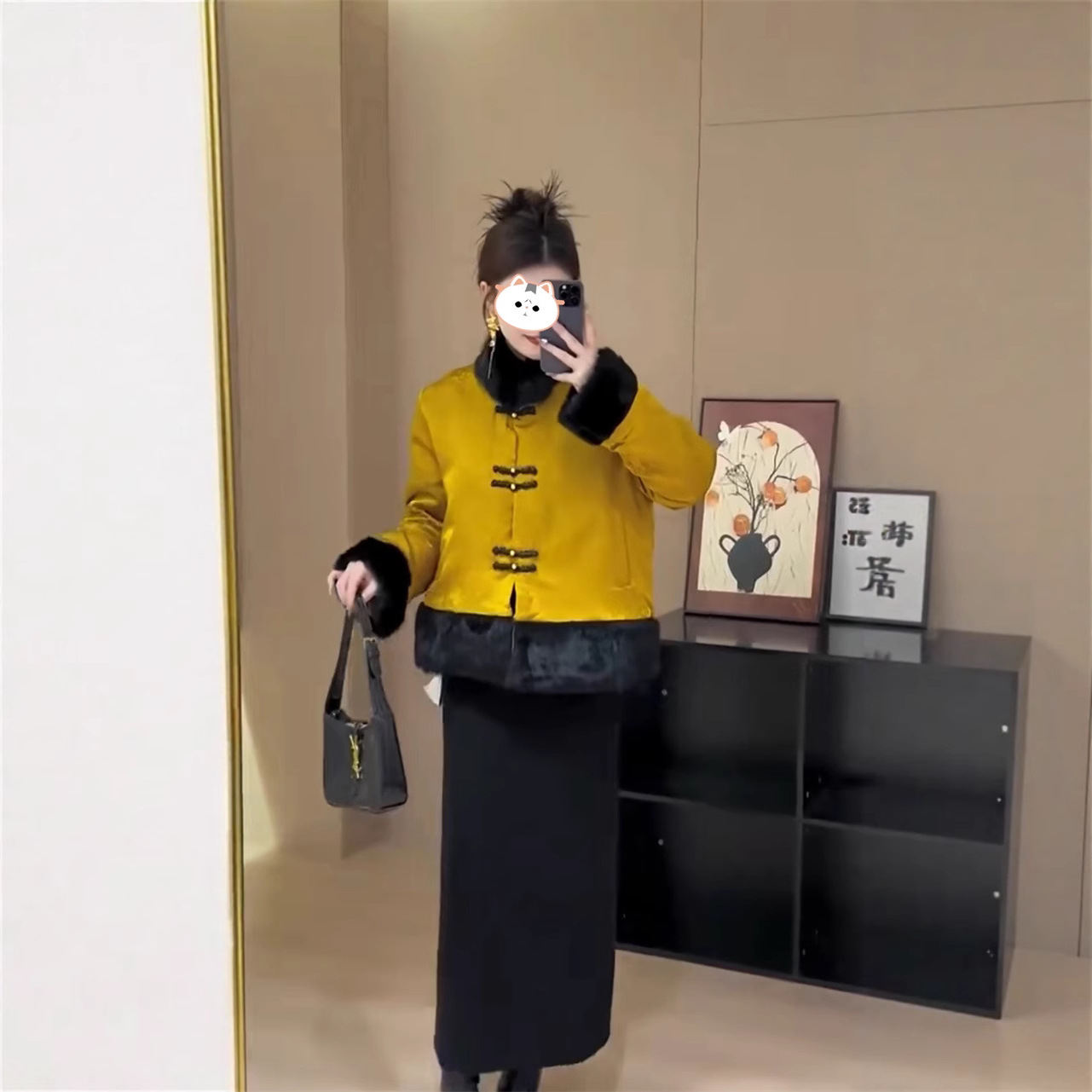 2025秋冬新款百搭气质新中式外套搭配修身宽松黑色半身裙两件套女