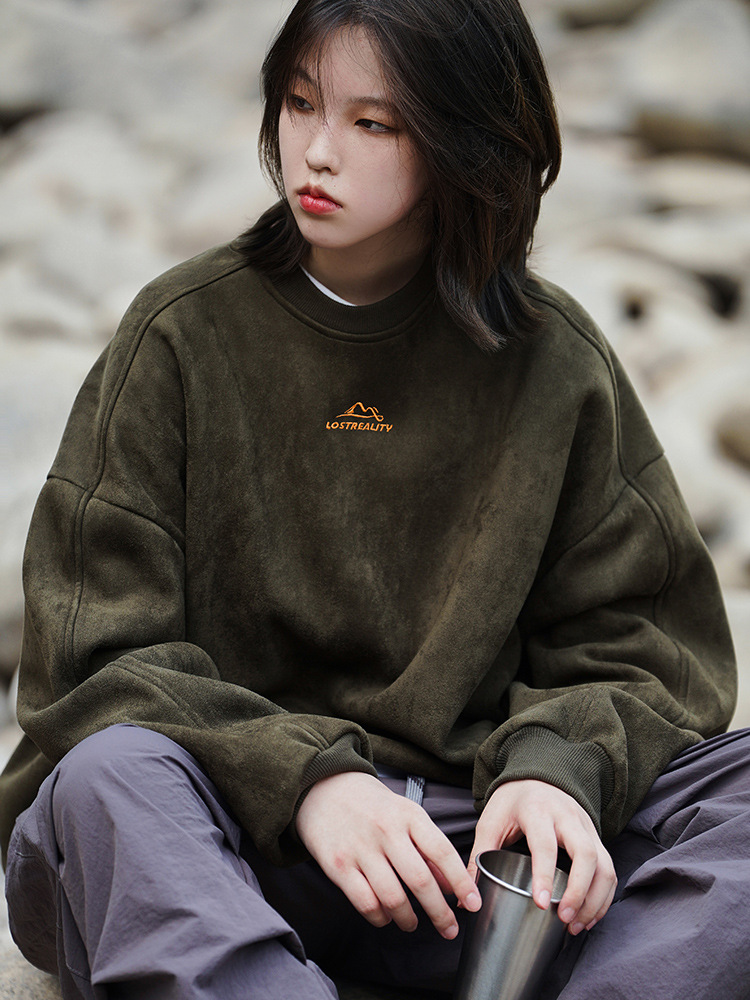 Sudadera de gamuza pesada de 350g para hombre, chaqueta de cuello redondo para pareja, estilo retro de montaña, holgada, a la moda, primavera 2025