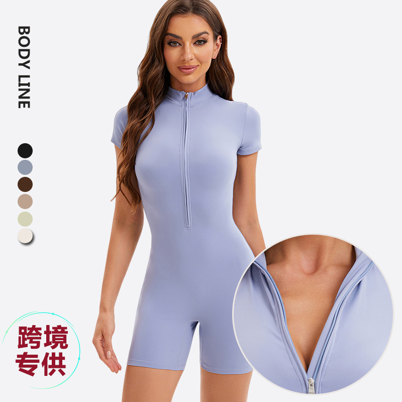 Cross-Border One-Piece Yoga Wear Summer American Half-Zip Fitness Wear Jumpsuit Brushed Nude Sports Jumpsuit Shorts