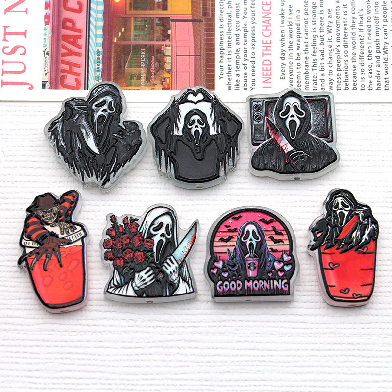Double-Sided Perforated Printed Scream Ghost Face Horror Halloween Acrylic DIY Beaded Handmade Accessory Phone Chain