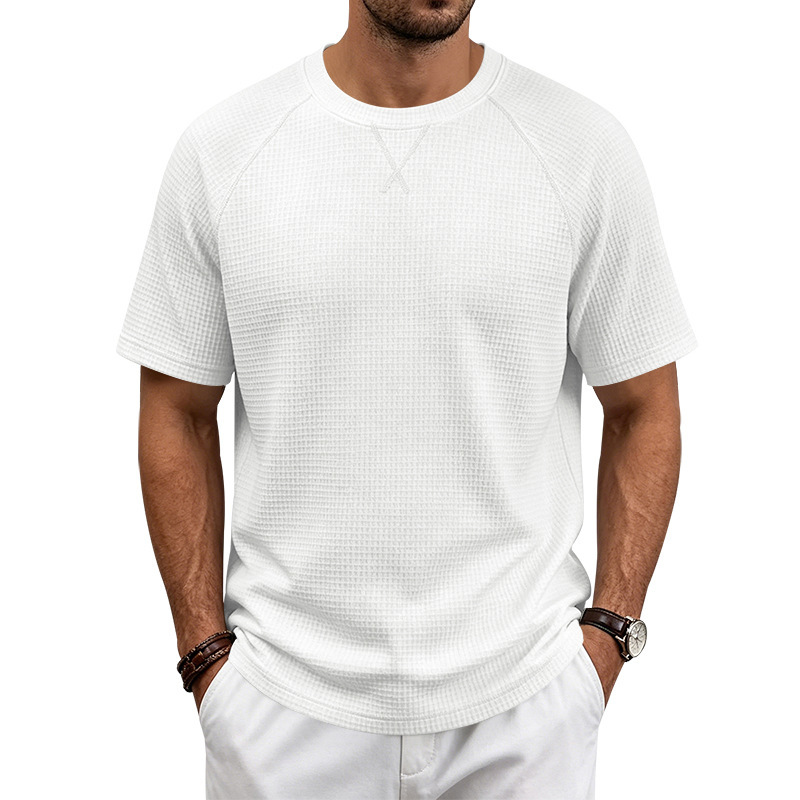 Men's Waffle Knit Short Sleeve T-Shirt, Breathable Textured Cotton-Like Fabric, Relaxed Fit Casual Tee For Summer_viptrois.com