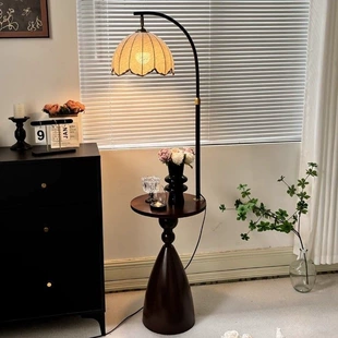 Floor Lamp with Integrated Side Table, Medieval Style, Three-Color Dimming / Remote