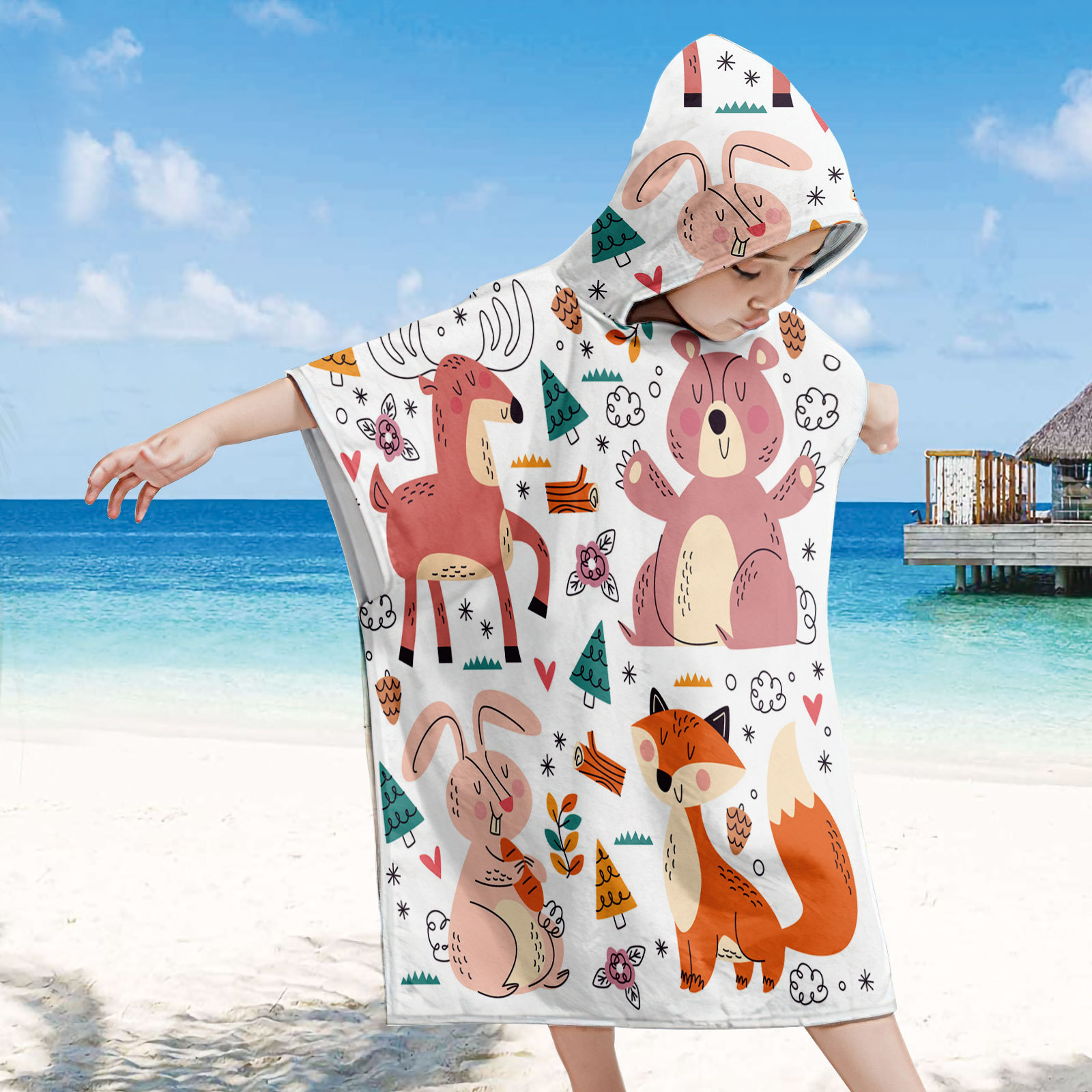 Animal style children's beach sun protection hooded cloak Beach changing towel swimming wearable printing autocratic bath towel bathrobe
