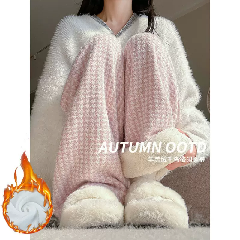 千鸟格子阔腿裤女秋冬季2025新款加厚垂感直筒裤羊羔绒保暖休闲裤