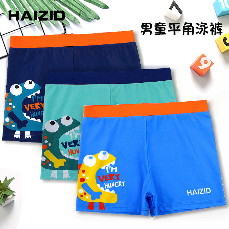 In-Stock Children's Swim Trunks for Boys, Small, Medium, and Large Sizes, High Elasticity, Simple Casual Swimming Trunks, Boxer Pattern Boys' Boxer Swim Trunks
