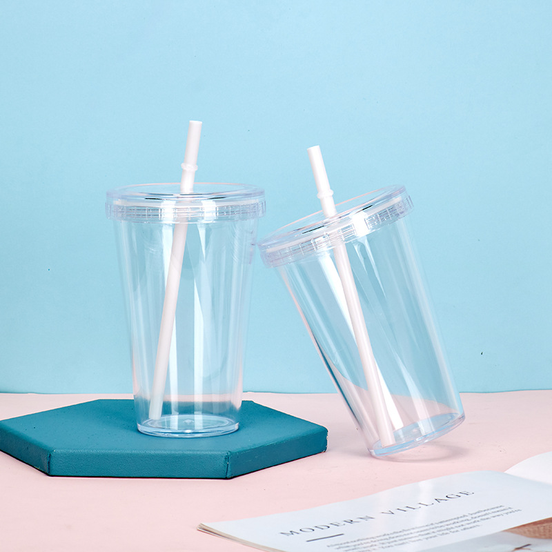 16oz taza de paja fría de verano de gran capacidad de doble capa taza de plástico transparente PS material leche taza de té de regalo de publicidad