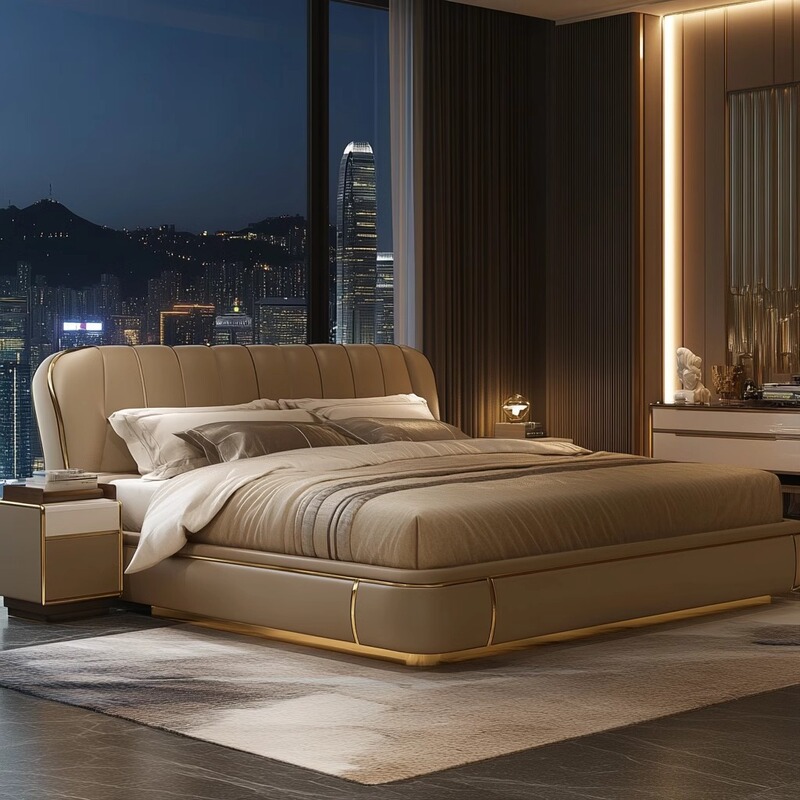 Light Luxury Master Bedroom Double Artistic Bed, Double Multifunctional Bed, Leather Bed, Master Bedroom Double Bed, Leather with Integrated Delivery Service